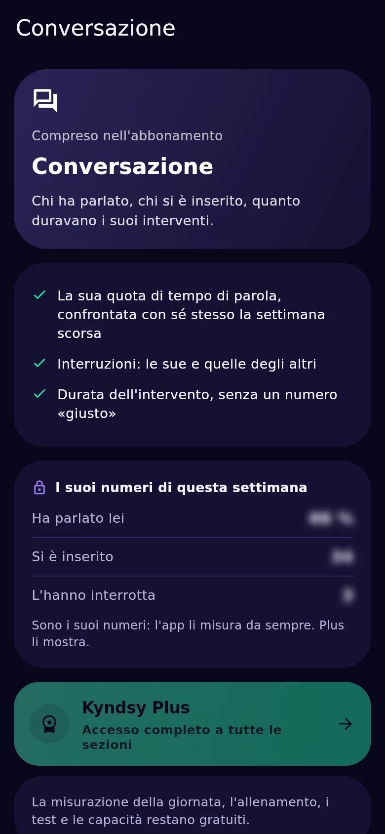 La schermata della conversazione in Kyndsy: quota di parola, interruzioni in entrambe le direzioni, lunghezza dell’intervento