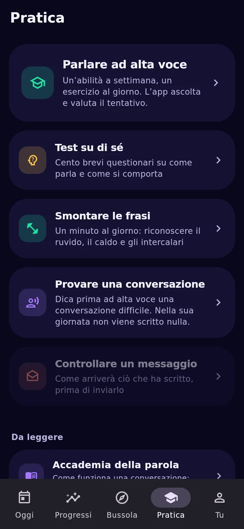 Scheda «Esercizi»: allenatore del parlato, test, allenamento e prova