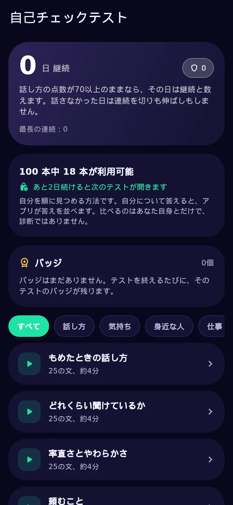 Kyndsyの自己チェック画面:百本のテスト、開いているものと閉じているもの