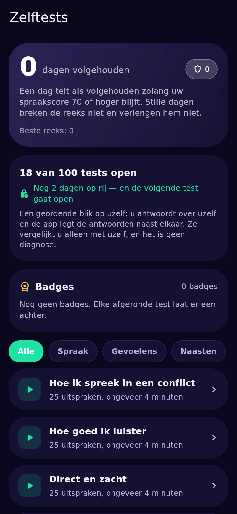 Het scherm met zelftests in Kyndsy: honderd tests, open en op slot