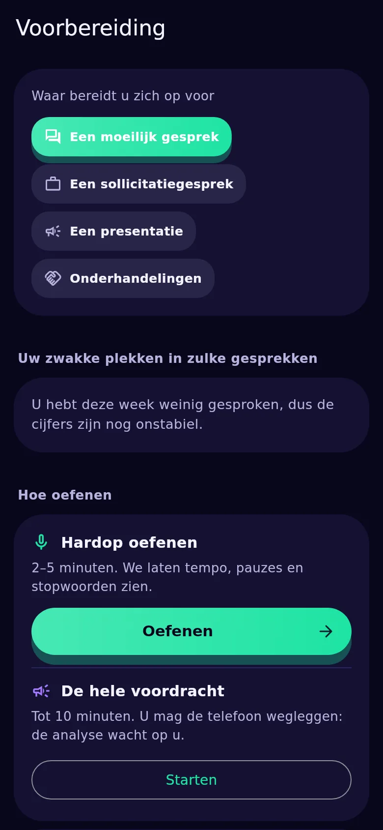 Het voorbereidingsscherm in Kyndsy: waar je je op voorbereidt, je zwakke plekken en de repeteerknop