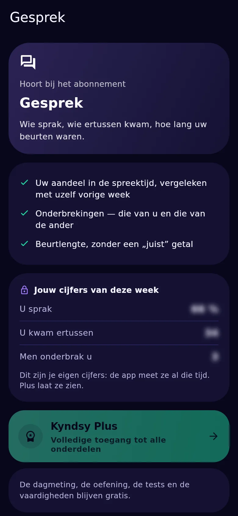 Het gespreksscherm in Kyndsy: spreekaandeel, onderbrekingen in beide richtingen, beurtlengte