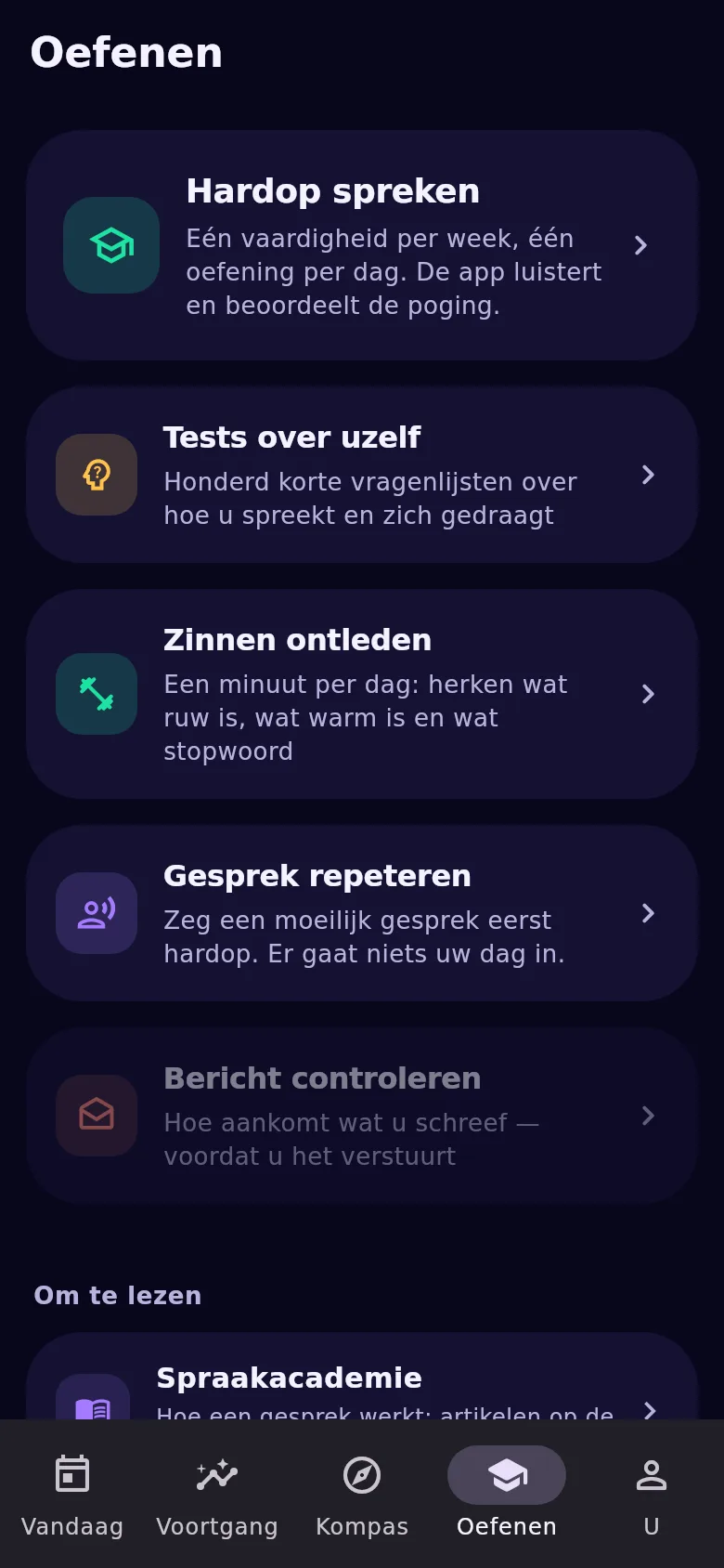 Het tabblad „Oefenen”: spreektrainer, tests, oefening en repetitie