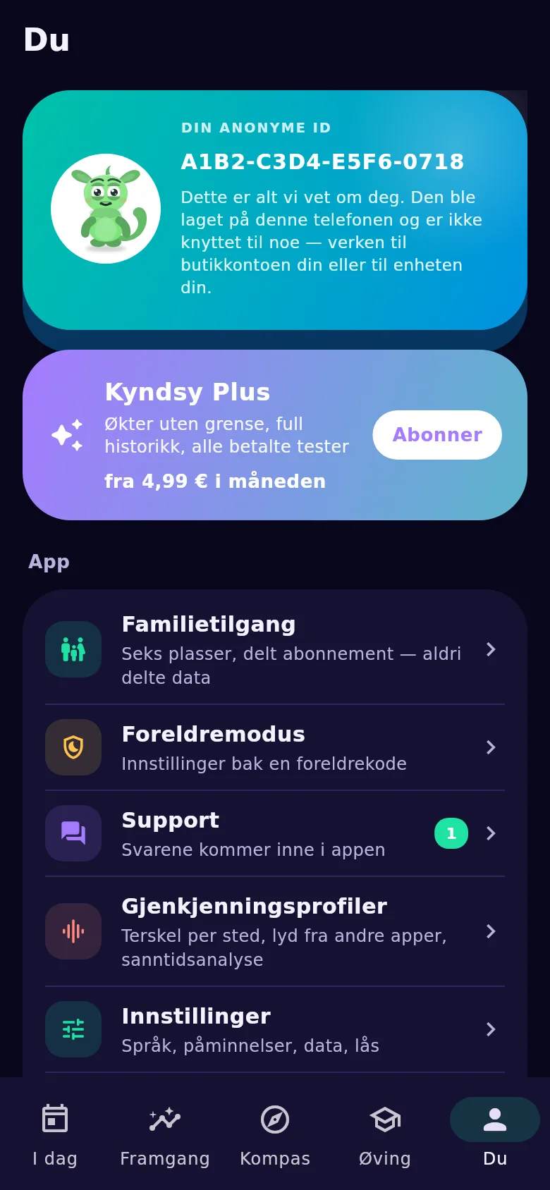 Skjermen «Du»: anonym identifikator, familietilgang og overføring av historikken