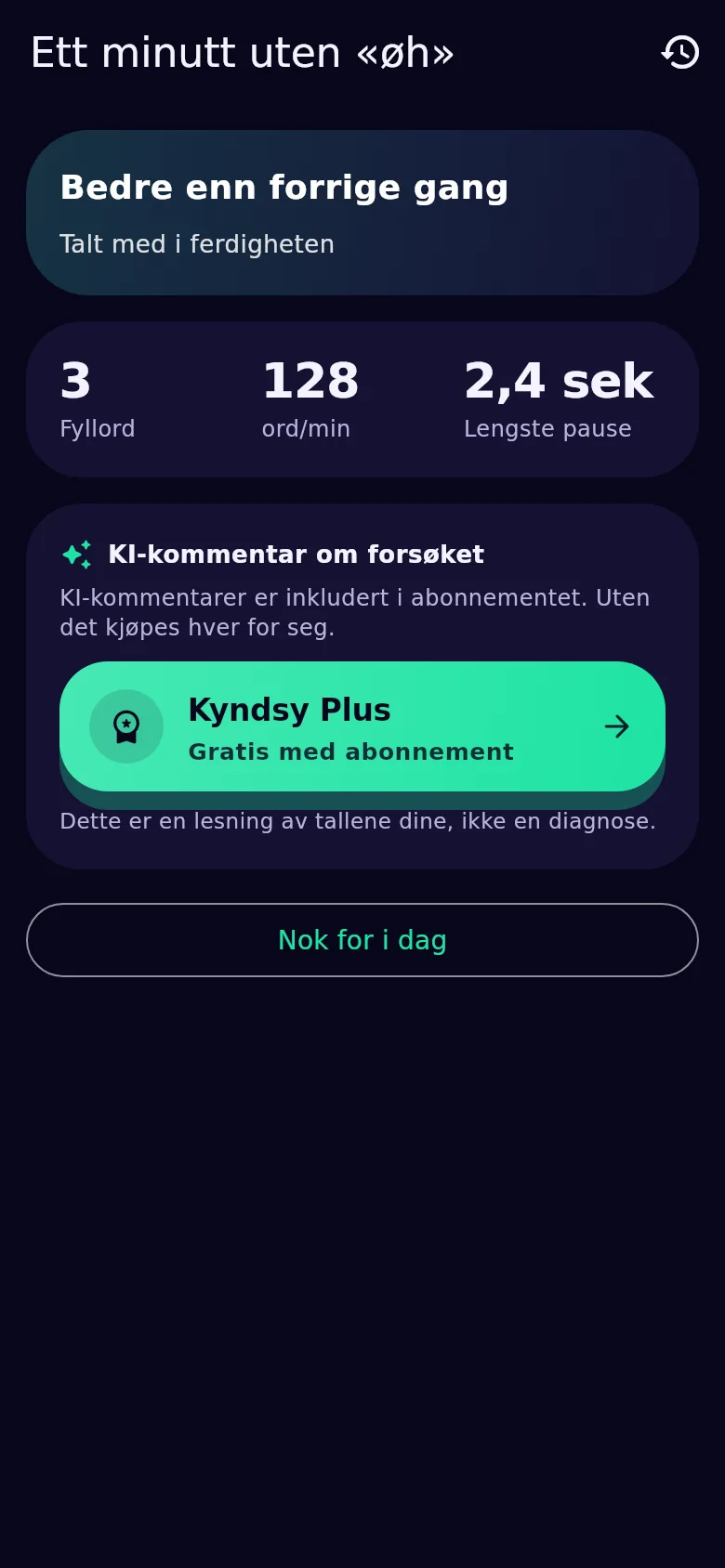 Analyse av et forsøk: fyllord, tempo, lengste pause og ett råd