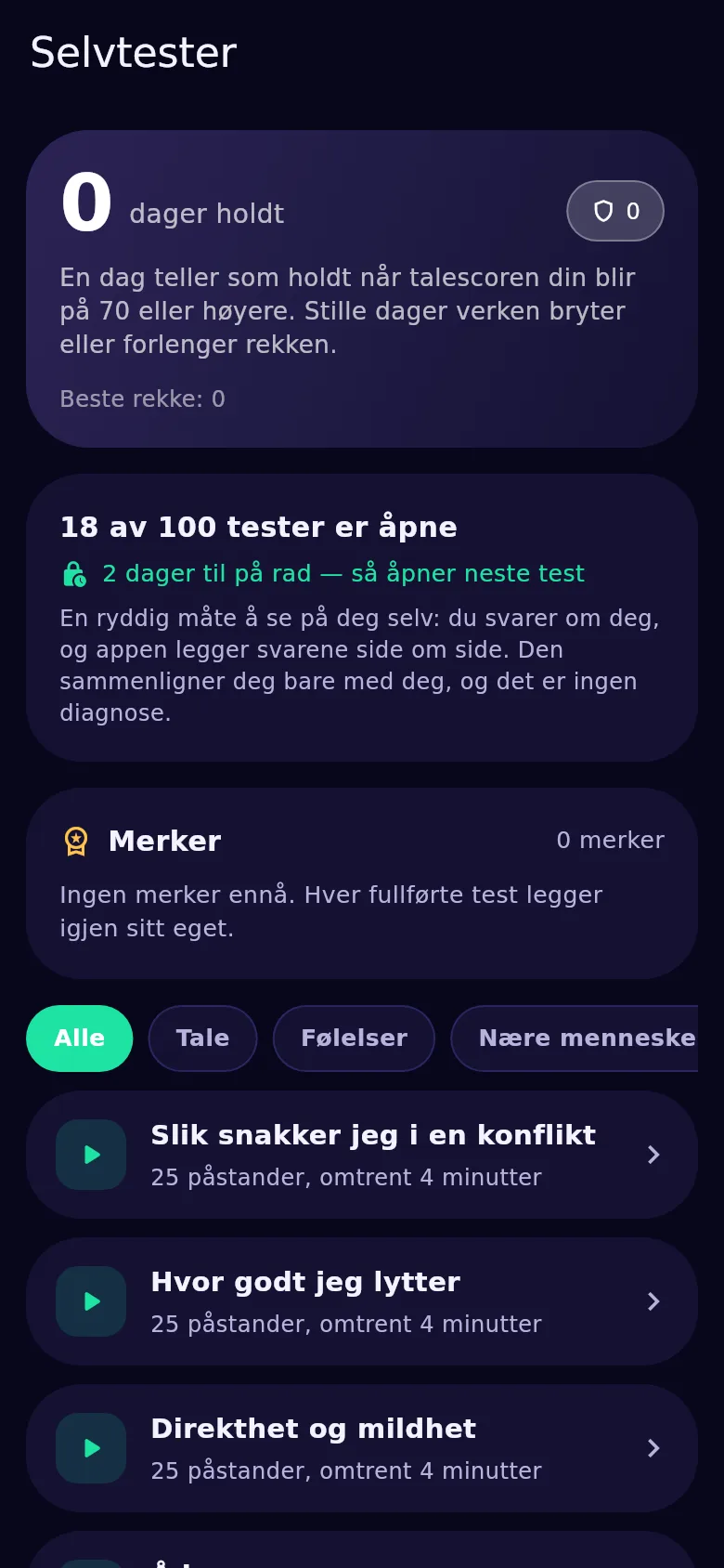 Skjermen med selvtester i Kyndsy: hundre tester, åpne og låste