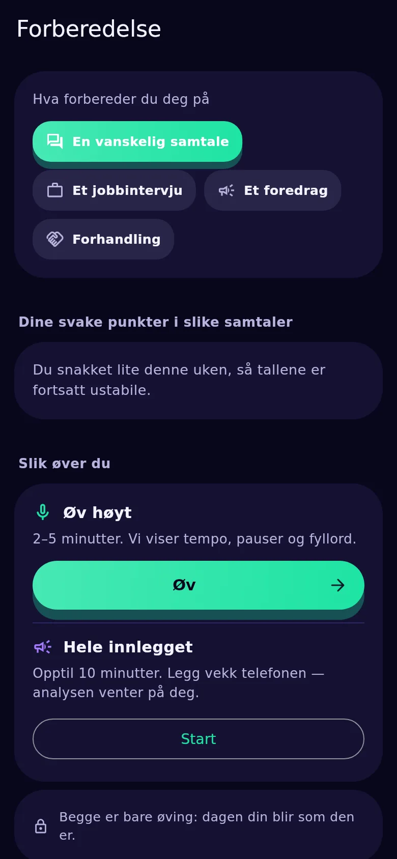 Forberedelsesskjermen i Kyndsy: hva du forbereder deg på, dine svake punkter og prøveknappen