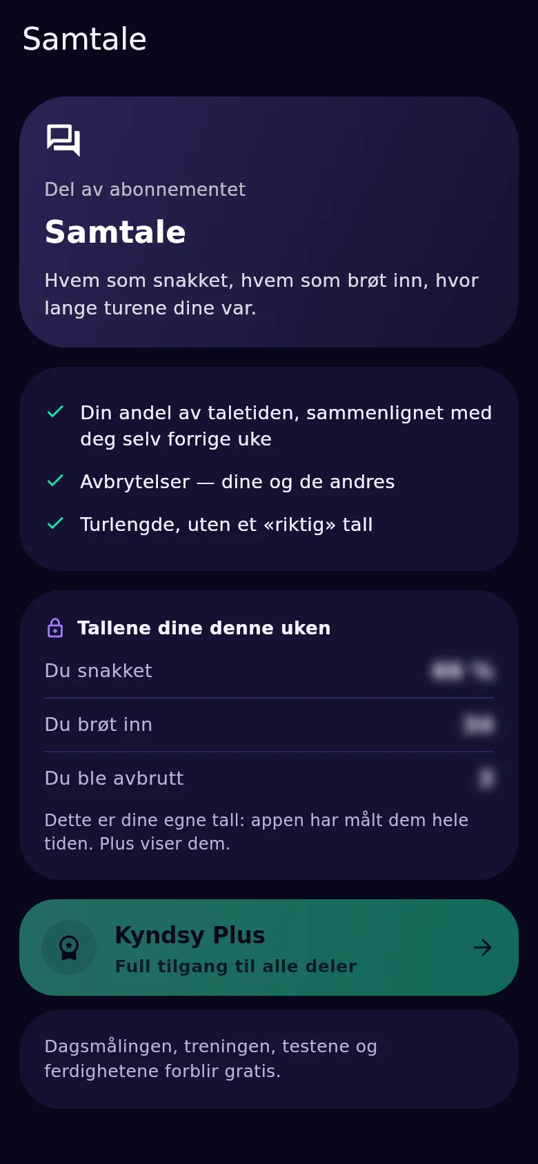 Samtaleskjermen i Kyndsy: taletidsandel, avbrytelser begge veier, innleggslengde