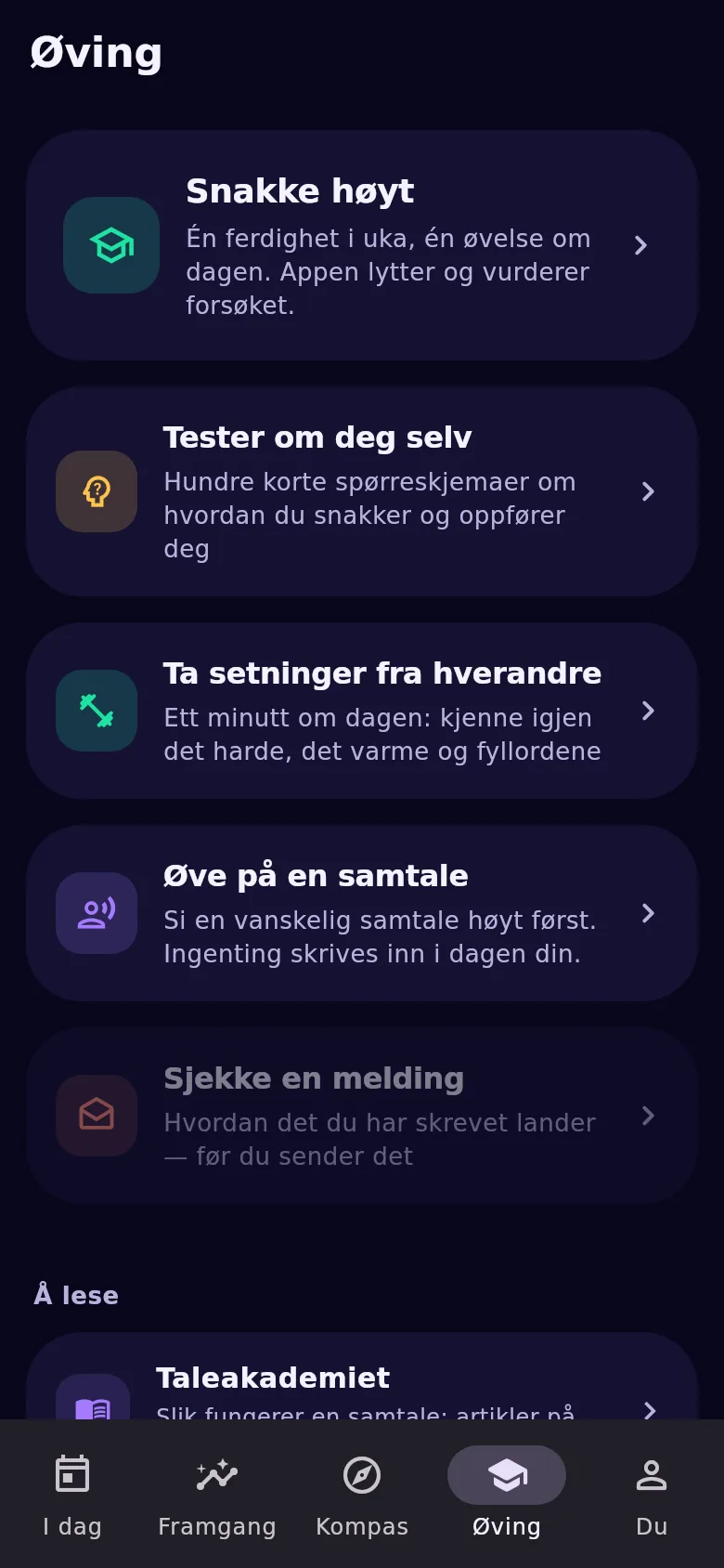 Fanen «Øvelser»: talecoach, tester, øvelse og prøve