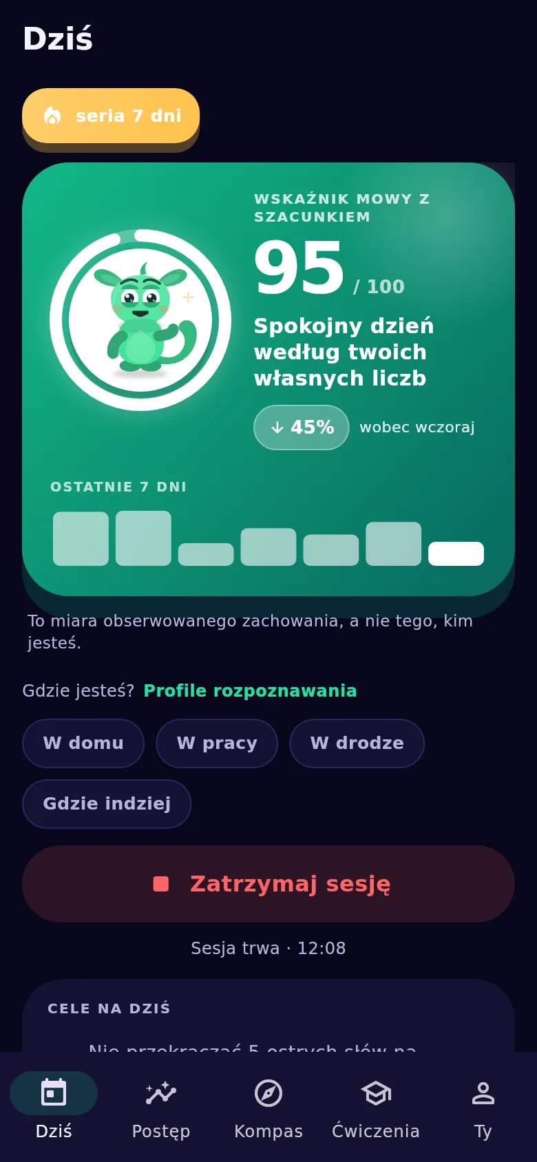 Ekran „Dziś”: sesję widać przez cały czas jej trwania