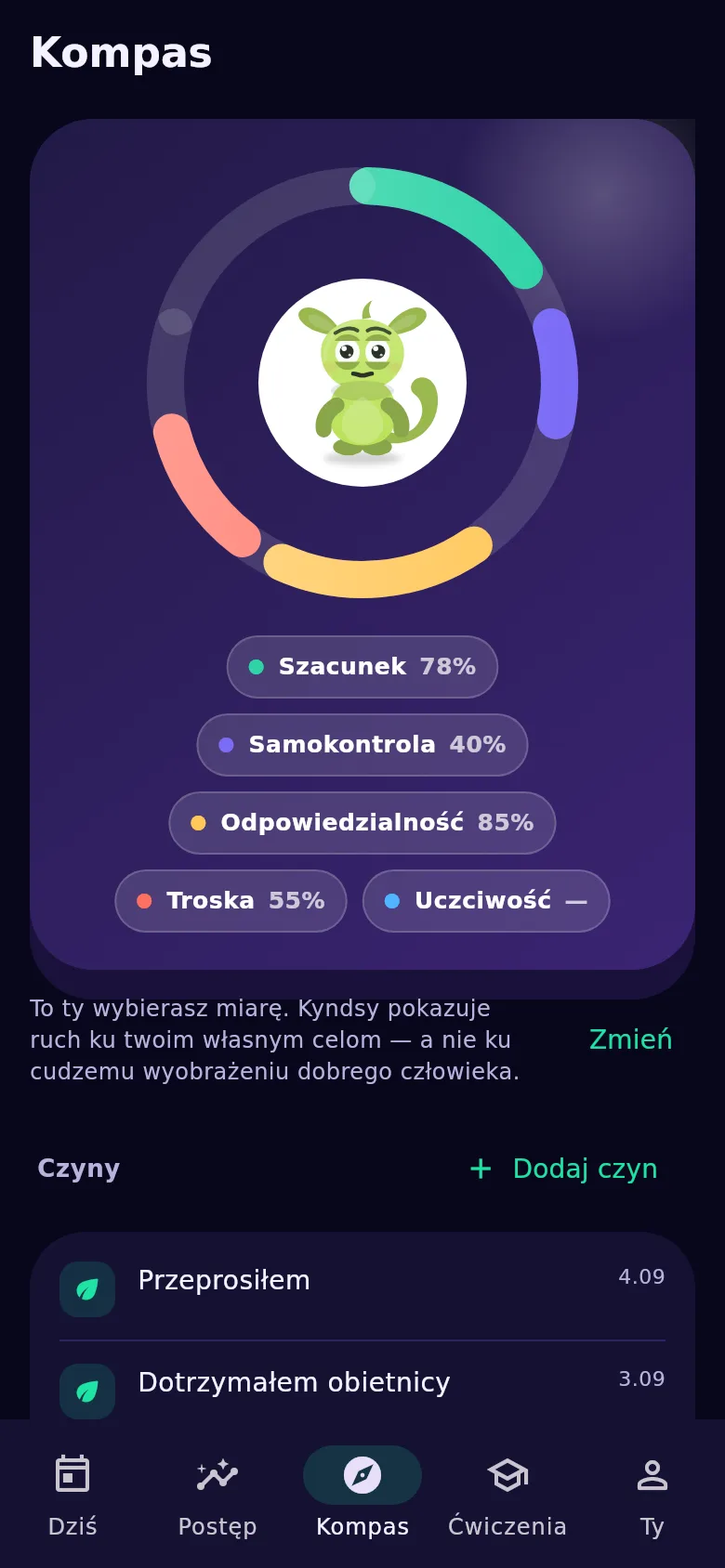 Ekran „Kompas”: wartości, uczynki i odznaki