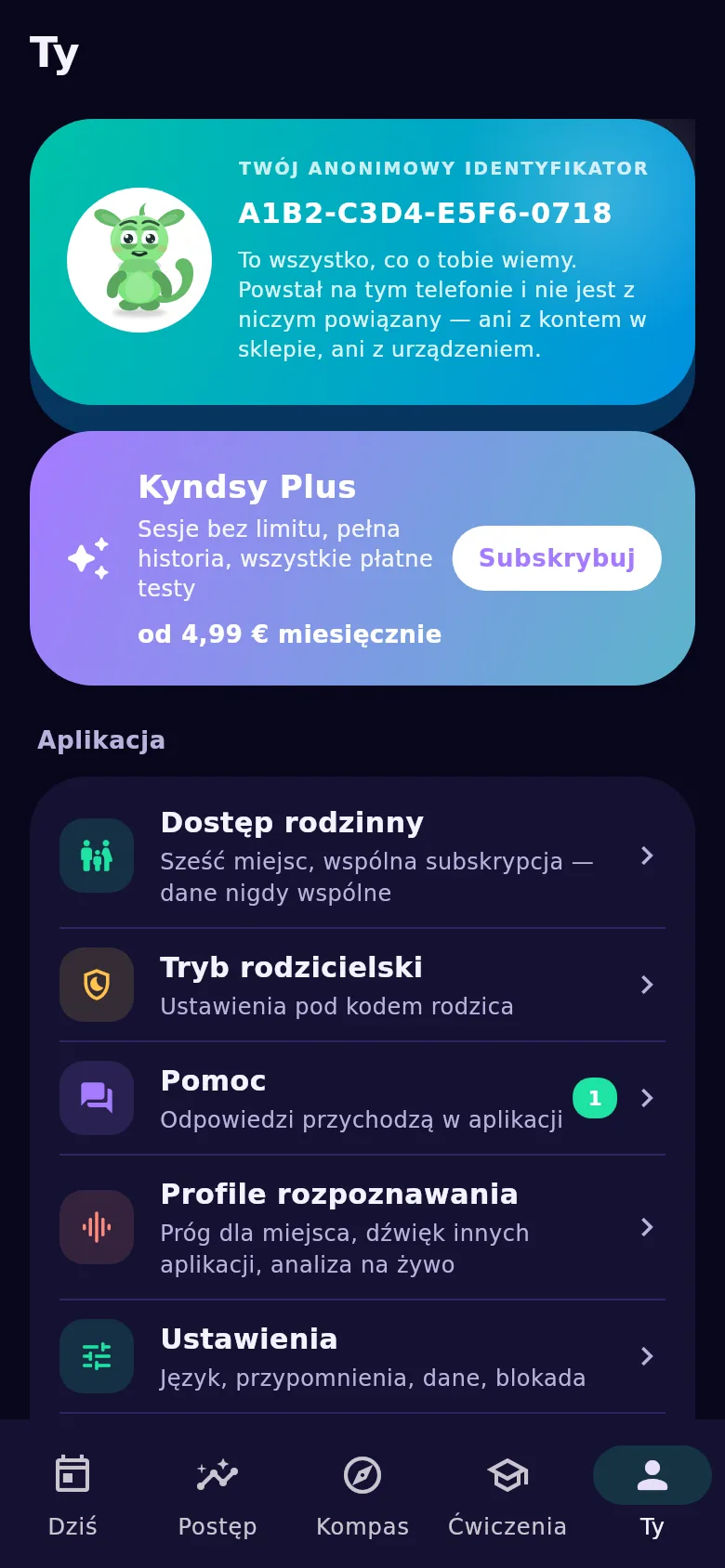 Ekran „Ty”: anonimowy identyfikator, dostęp rodzinny i przeniesienie historii
