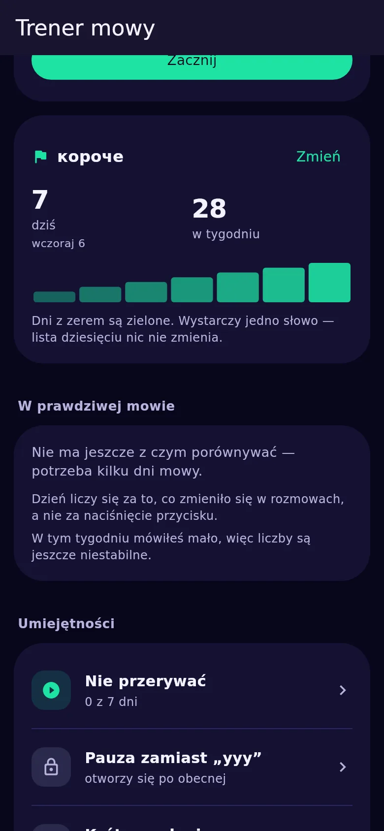 Karta słowa tygodnia w Kyndsy: słowo oraz licznik na dziś, wczoraj i tydzień