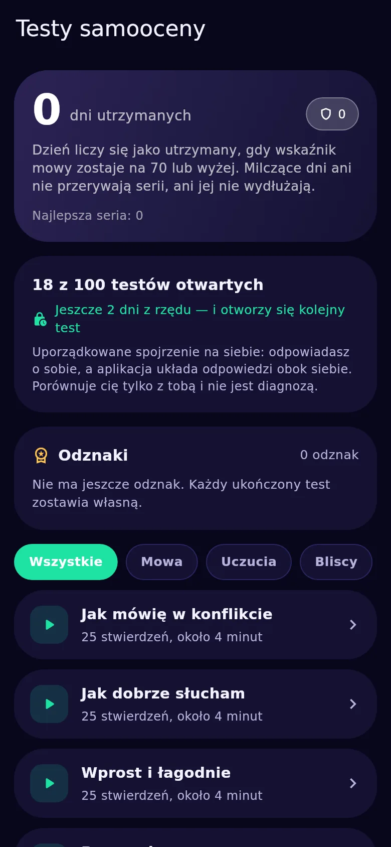 Ekran testów samooceny w Kyndsy: sto testów, otwarte i zamknięte