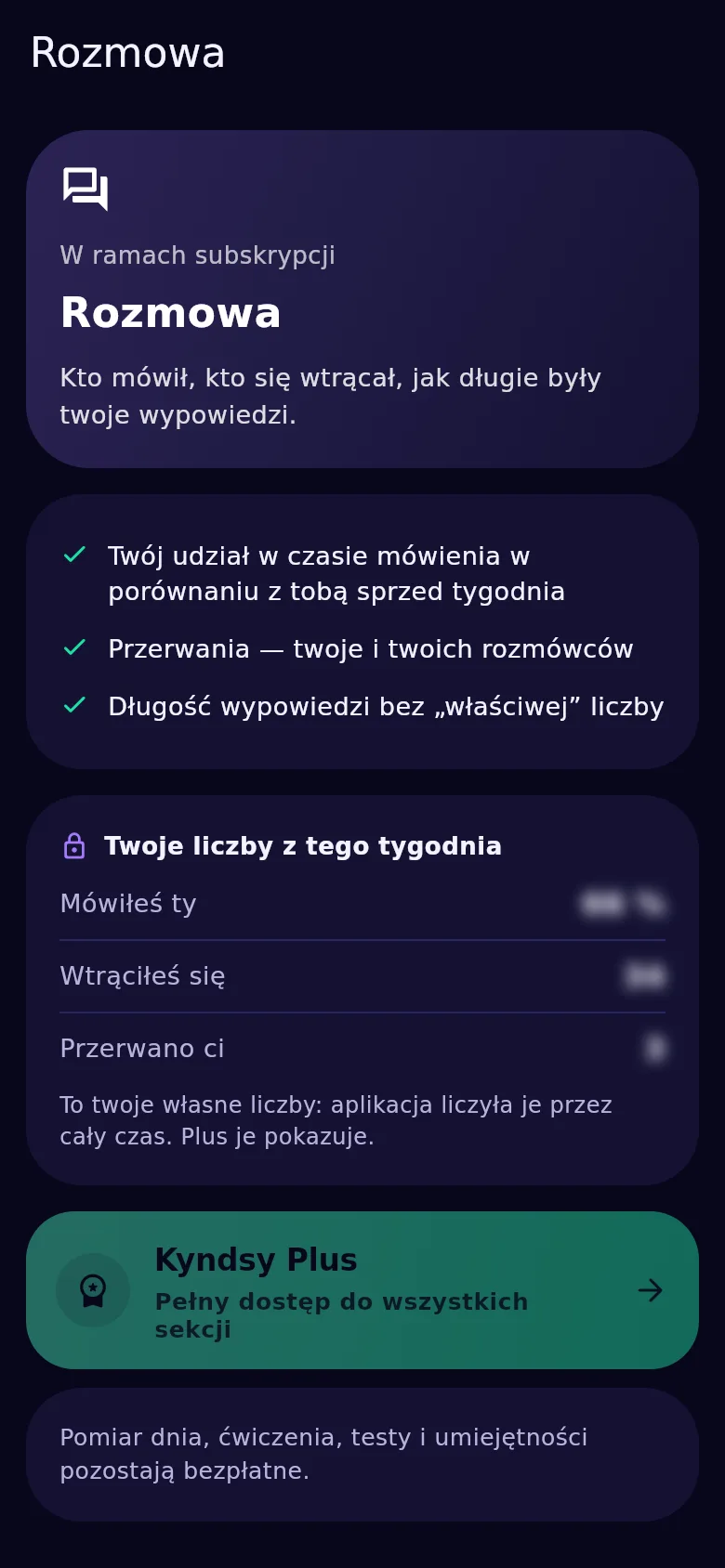 Ekran rozmowy w Kyndsy: udział w mówieniu, wchodzenie w słowo w obie strony, długość wypowiedzi