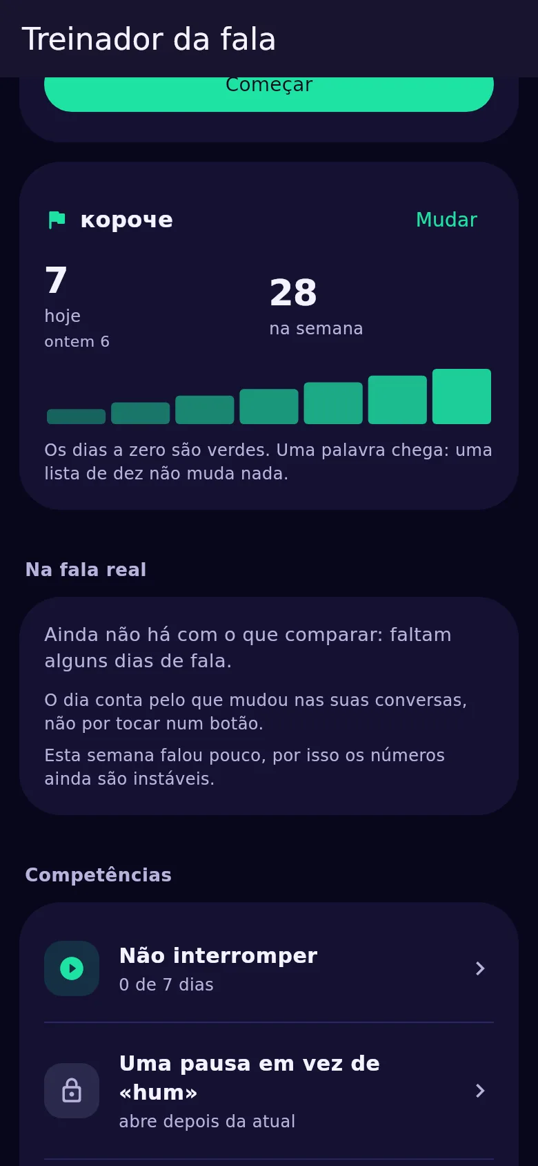 O cartão da palavra da semana no Kyndsy: a palavra e as contagens de hoje, ontem e da semana