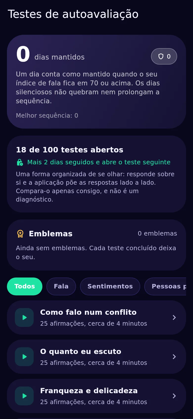 O ecrã dos testes de autoavaliação no Kyndsy: cem testes, abertos e bloqueados