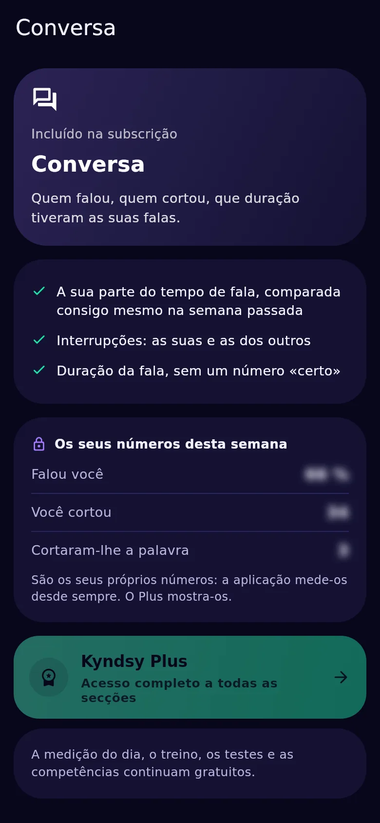 O ecrã de conversa no Kyndsy: parte do tempo de fala, interrupções nos dois sentidos, duração das falas