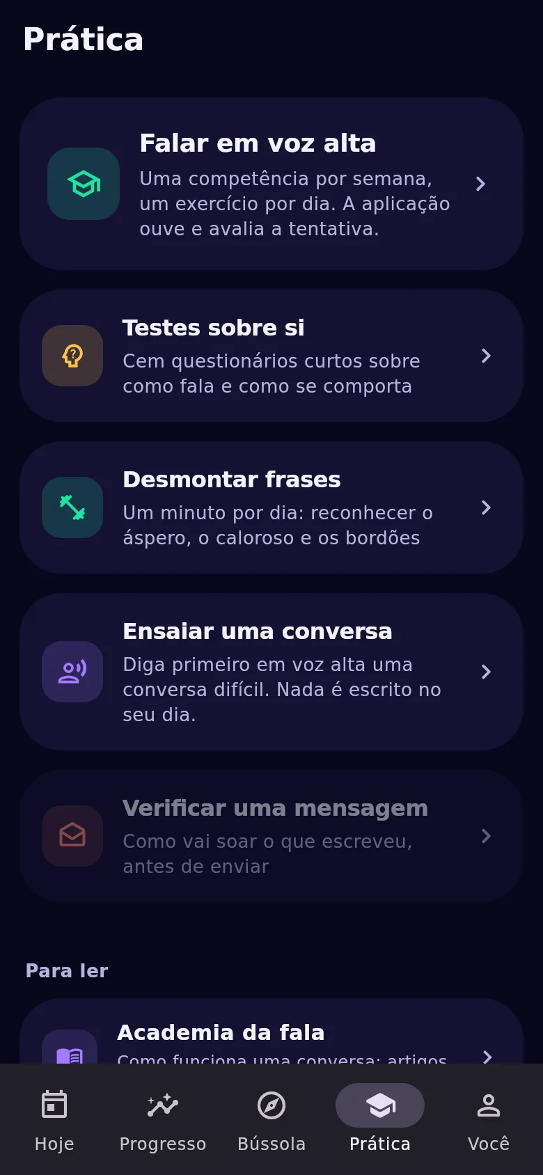 O separador «Prática»: treinador de fala, testes, exercício e ensaio