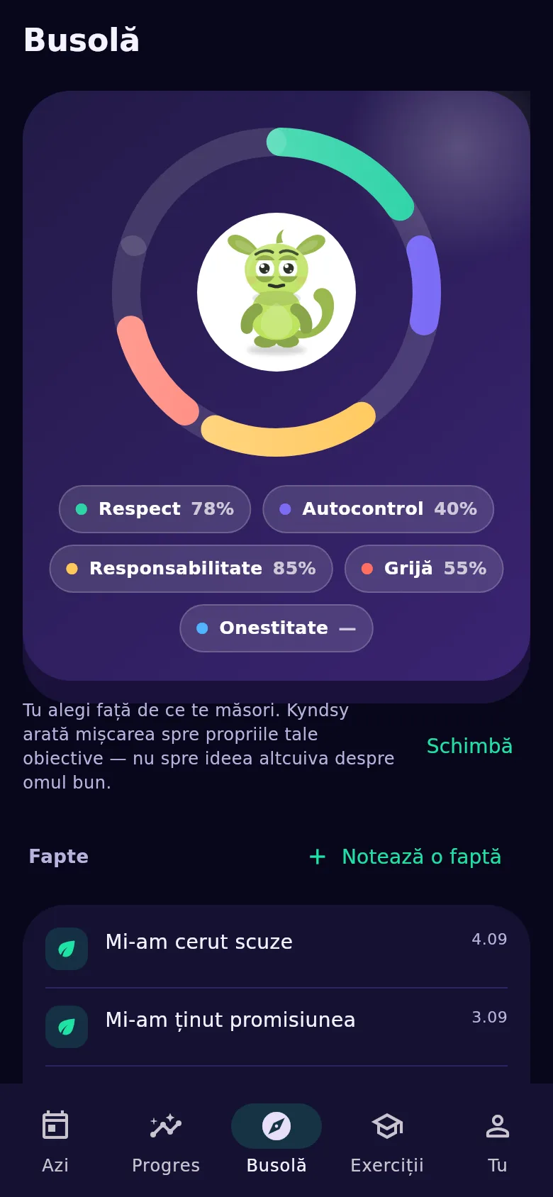 Ecranul «Busolă»: valori, fapte și insigne
