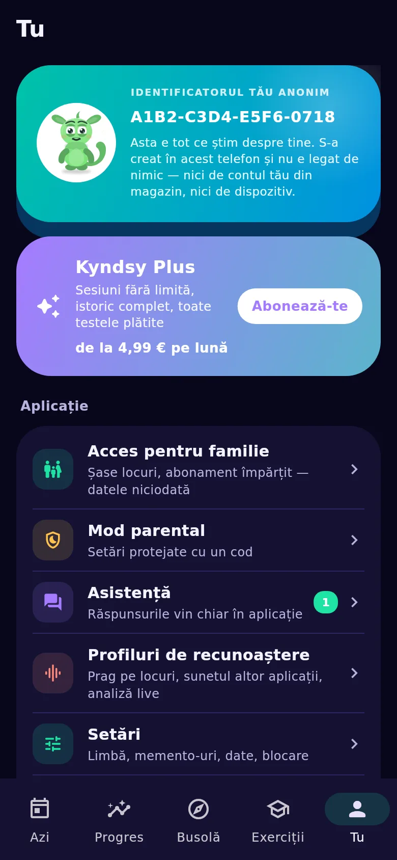 Ecranul «Tu»: identificator anonim, acces de familie și mutarea istoricului