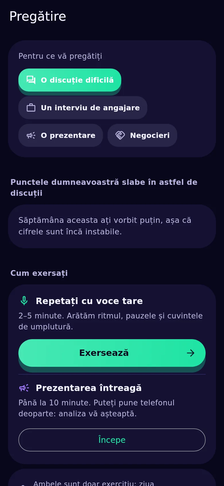 Ecranul de pregătire în Kyndsy: pentru ce te pregătești, punctele tale slabe și butonul de repetiție