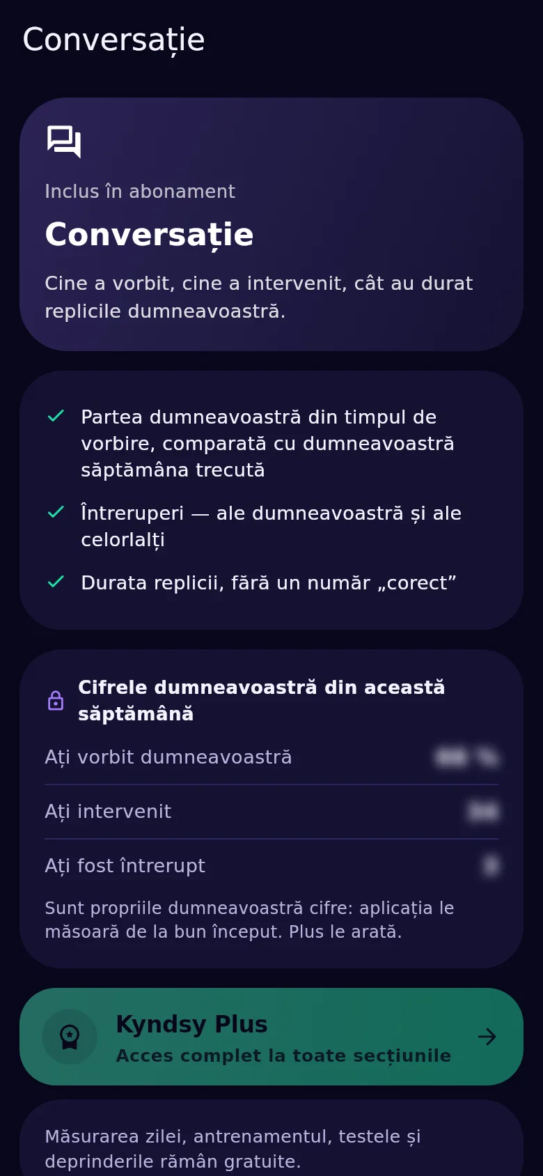 Ecranul conversației în Kyndsy: partea de timp, întreruperi în ambele sensuri, lungimea intervenției