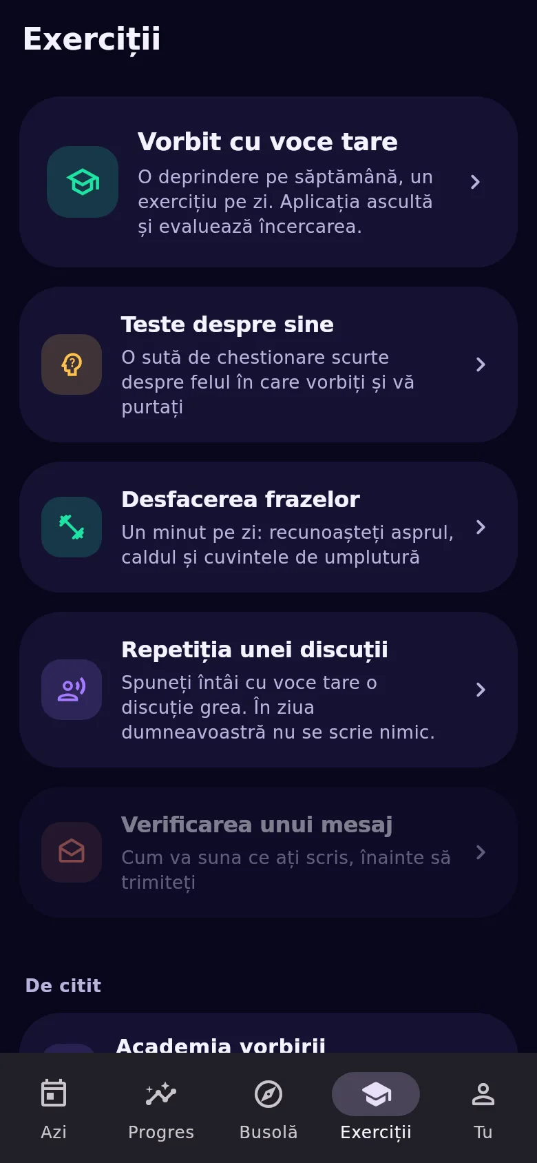 Fila «Exerciții»: antrenor de vorbire, teste, exercițiu și repetiție