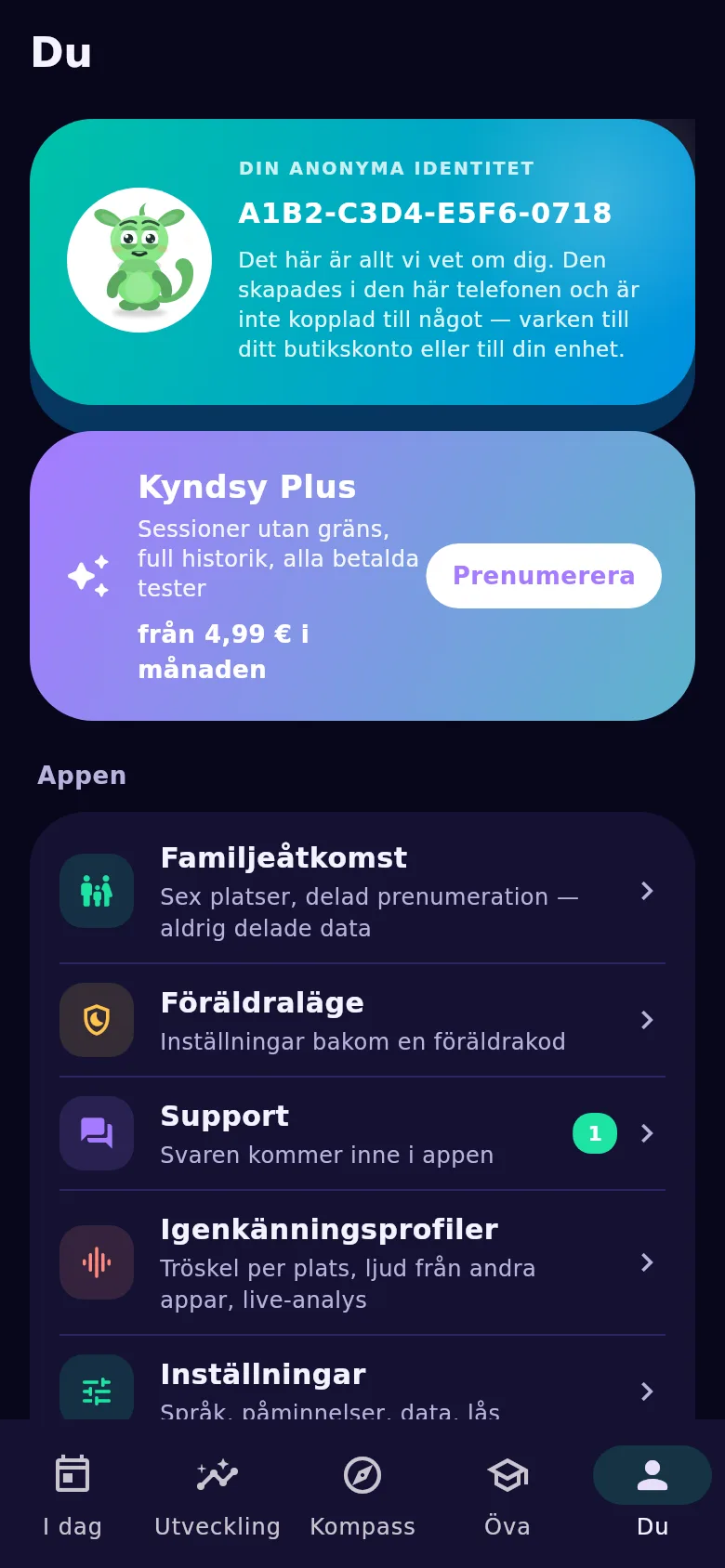 Skärmen «Du»: anonym identifierare, familjeåtkomst och överföring av historiken