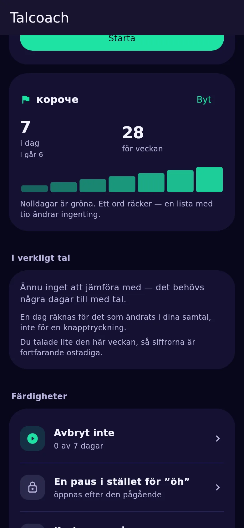 Kortet veckans ord i Kyndsy: ordet och räkningen för i dag, i går och veckan