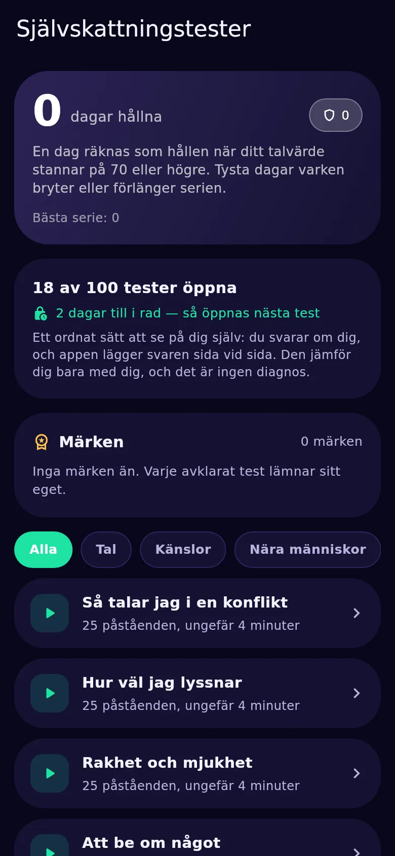 Skärmen med självtester i Kyndsy: hundra tester, öppna och låsta