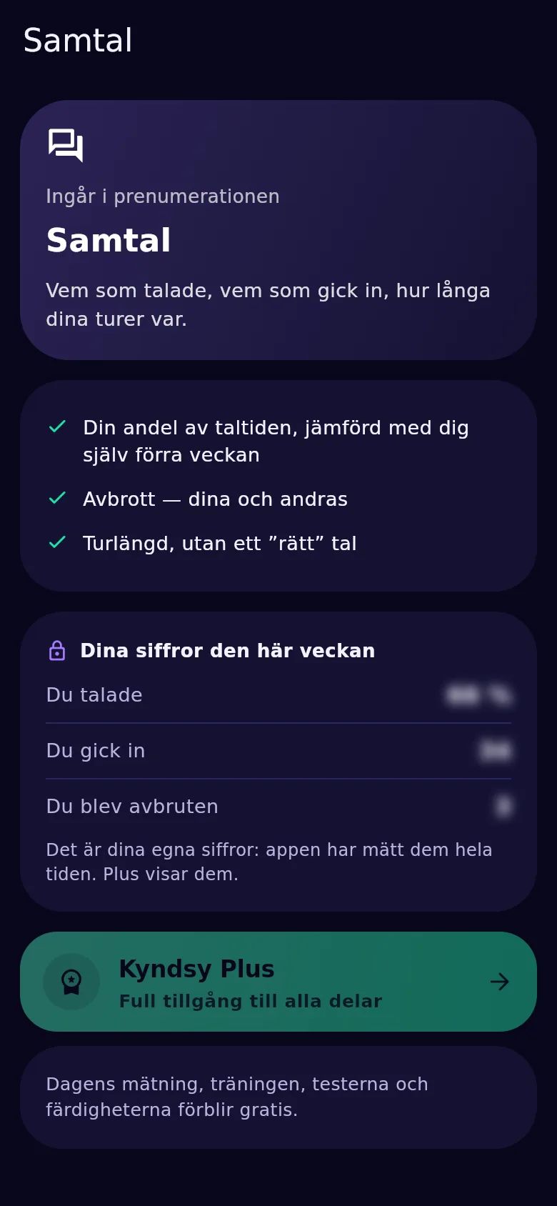 Samtalsskärmen i Kyndsy: taltidsandel, avbrott åt båda hållen, turlängd