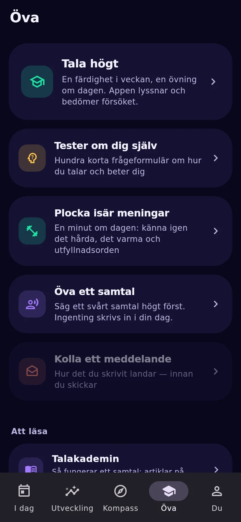 Fliken «Öva»: talcoach, tester, övning och repetition