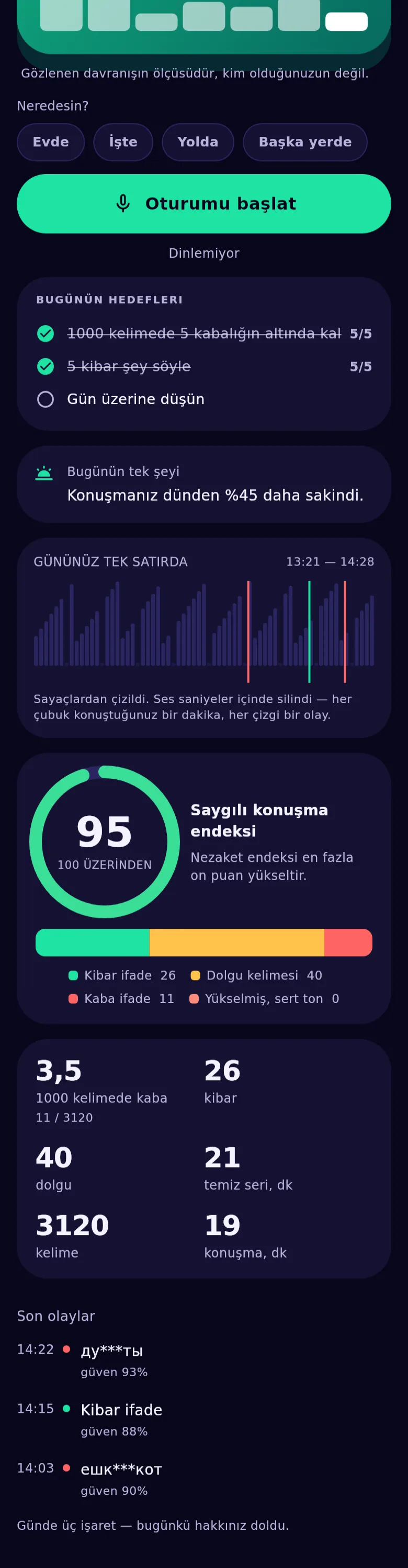 Uygulamanın grafikleri: günün şeridi, gösterge halkası ve ısı haritası