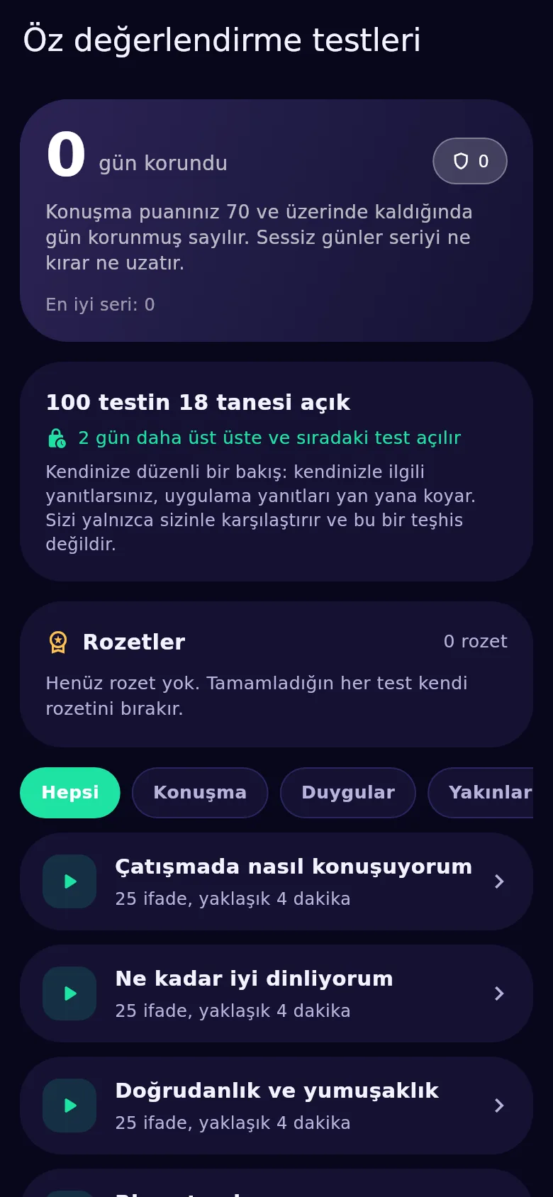 Kyndsy’de öz değerlendirme testleri ekranı: yüz test, açık ve kilitli