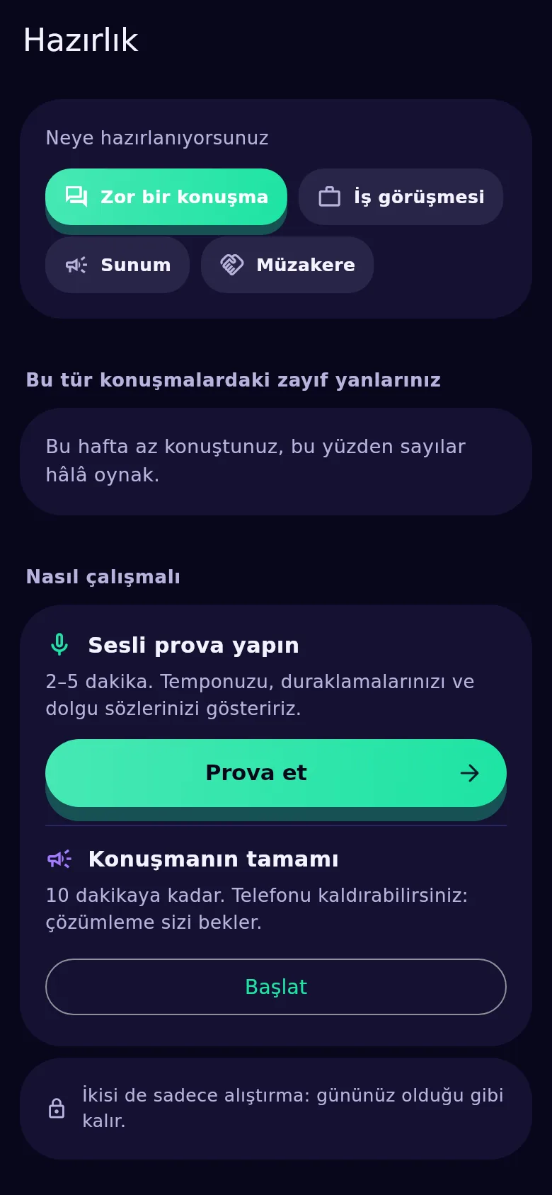 Kyndsy’de hazırlık ekranı: neye hazırlandığınız, zayıf noktalarınız ve prova düğmesi