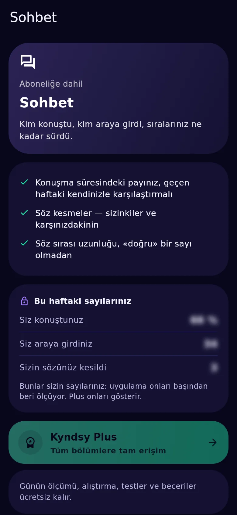Kyndsy’de konuşma ekranı: konuşma payı, iki yönde sözü kesmeler, söz süresi