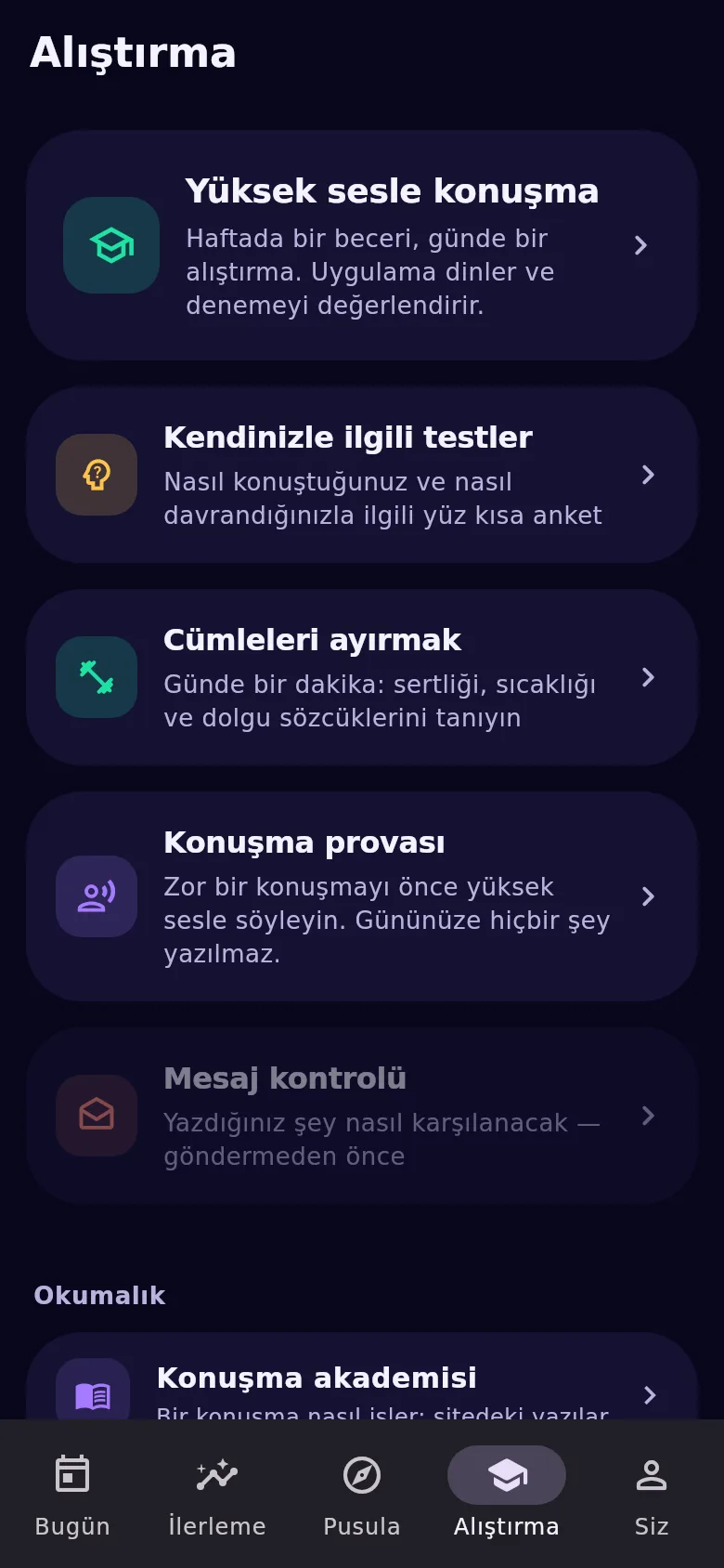 «Alıştırma» sekmesi: konuşma koçu, testler, alıştırma ve prova