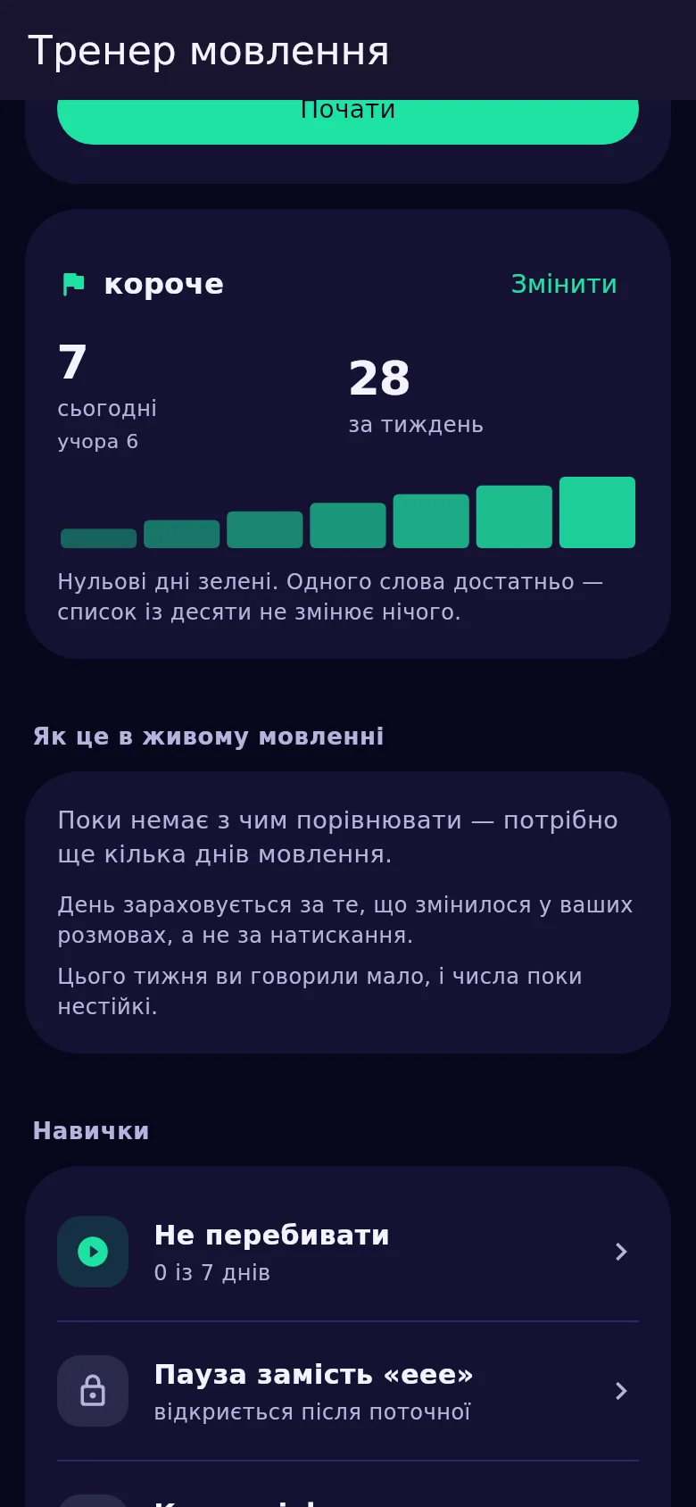 Картка слова тижня в Kyndsy: слово, лічба за сьогодні, вчора і тиждень