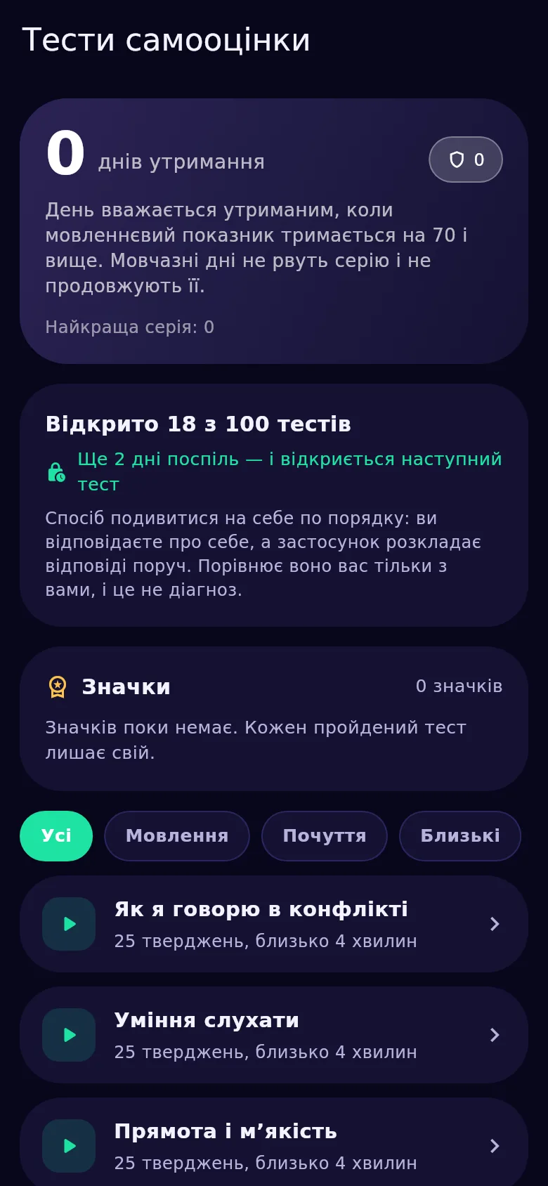 Екран тестів самооцінки в Kyndsy: сто тестів, відкриті й закриті