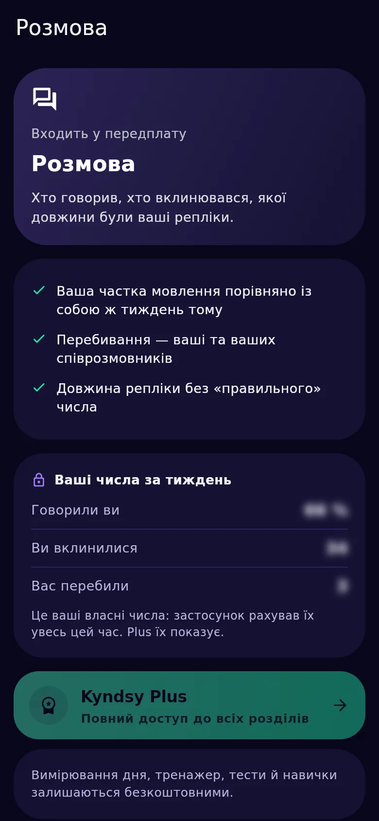 Екран розмови в Kyndsy: частка свого мовлення, перебивання в обидва боки, довжина репліки