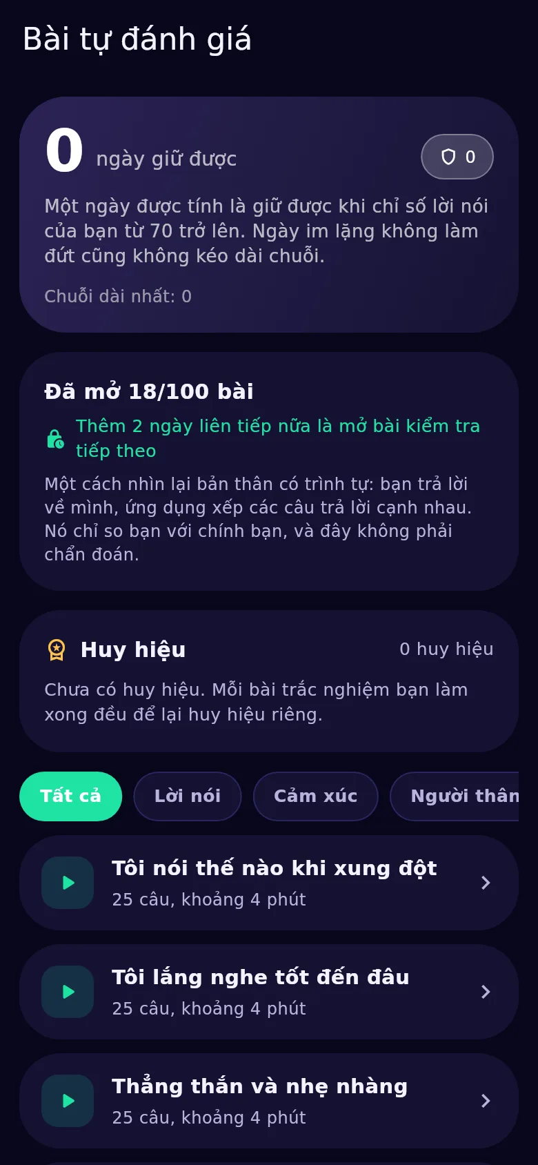 Màn hình bài tự kiểm trong Kyndsy: một trăm bài, đã mở và đang khoá
