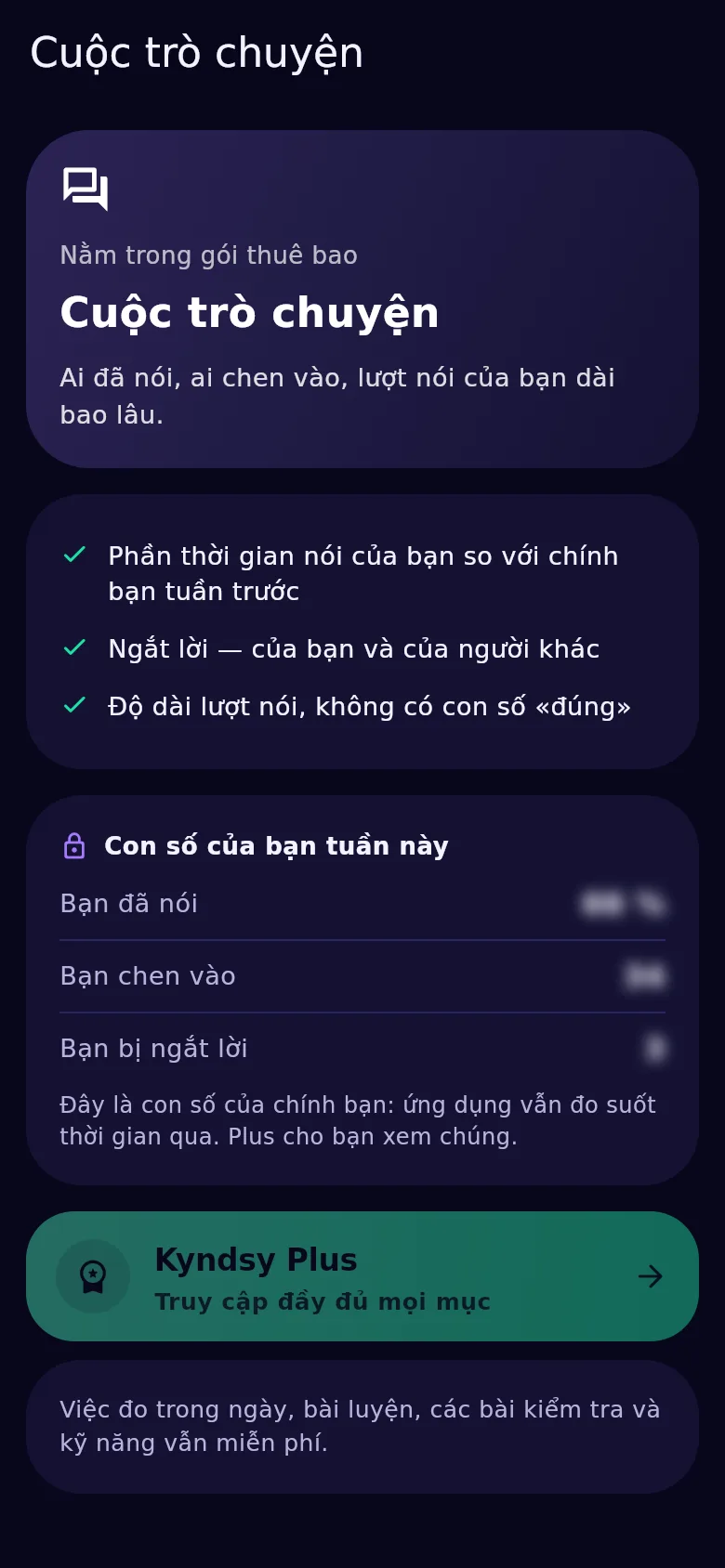Màn hình trò chuyện trong Kyndsy: phần thời gian nói, ngắt lời hai chiều, độ dài lượt nói