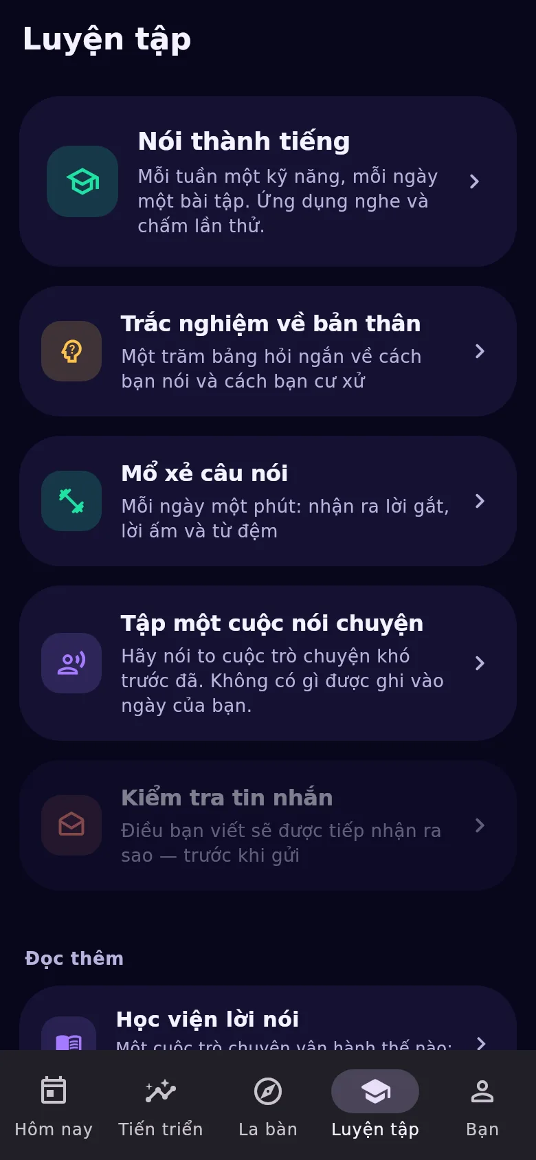 Thẻ “Luyện tập”: huấn luyện viên nói, bài kiểm tra, bài luyện và buổi tập