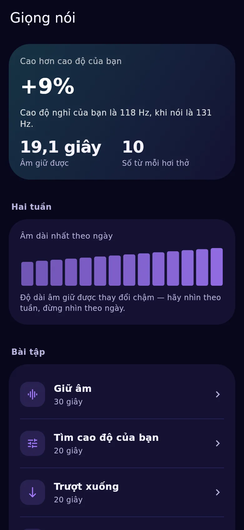 Màn hình giọng: cao độ, giữ tiếng và độ đều